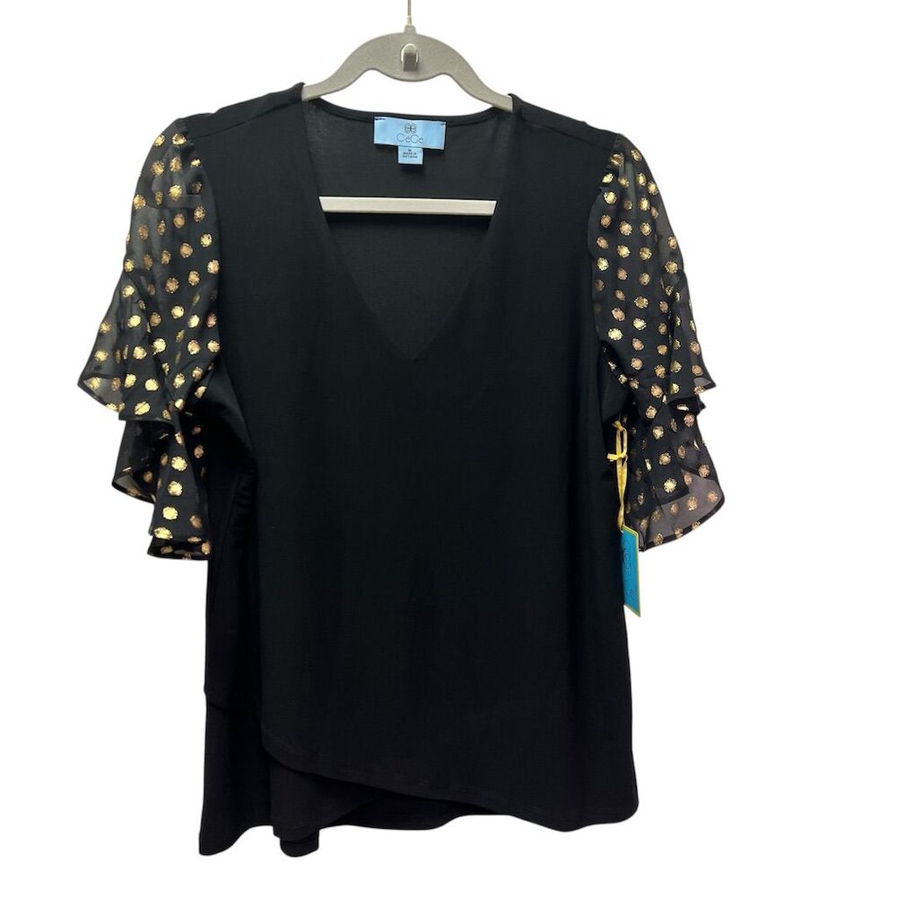 CeCe Women's Black Blouse M Sheer Gold Polka Dot Flutter Sleeves